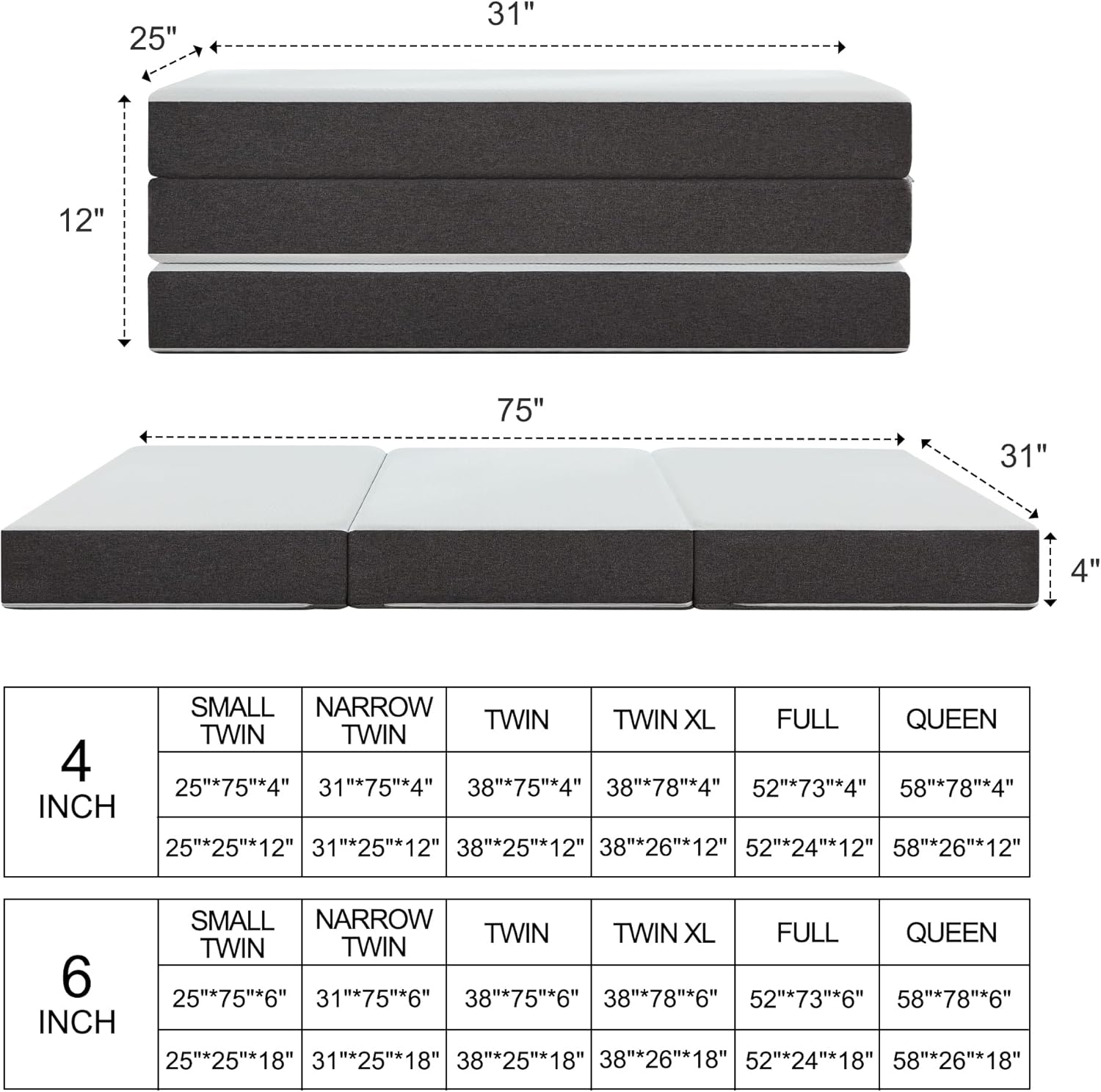 Twolike Allure Tri-Fold Foam Mattress, Fiberglass Free