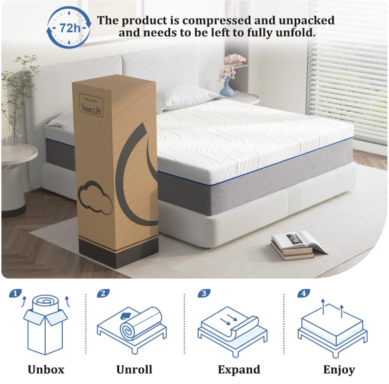 Full Size 6 Inch Memory Foam Mattress Medium Firm Feel Pressure Relieving Support Breathable Soft Comfort Bed in a Box